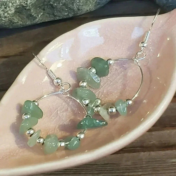 Handcrafted Baroque Green Agate Gemstone Sterling Silver Plated Beads Earrings - Picture 7 of 8